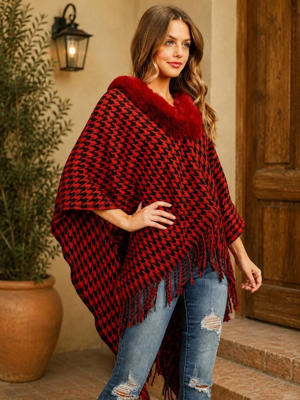 Red Houndstooth Poncho Faux Fur Collar One Size